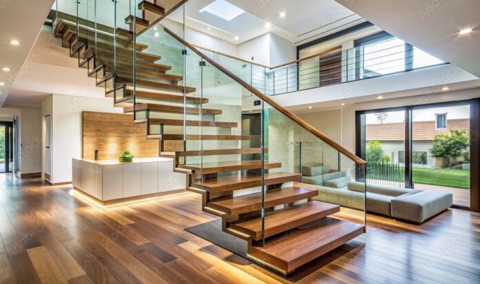 Modern glass stair railings in a contemporary home setting, showcasing a sleek and minimalist design that enhances natural light and safety.