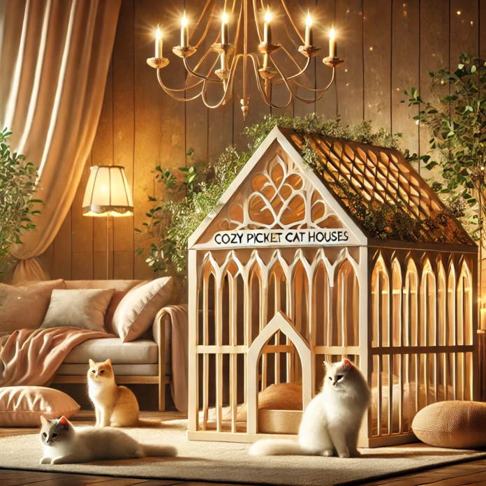 An article titled 'Whisker Woods: Cozy Picket Cat Houses' featuring a detailed guide on the benefits, types, and maintenance of wooden cat houses, along with a DIY section and FAQs for cat owners